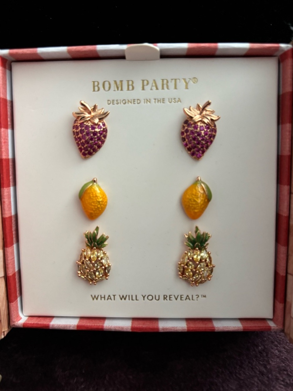 Bomb Party Fruit Stud Earring Set - Strawberry, Lemon, Pineapple